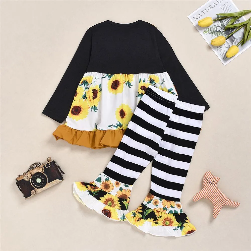 Toddler Girls Stripe Floral Print Long Sleeve Top & Bell Pants Girl Wholesale