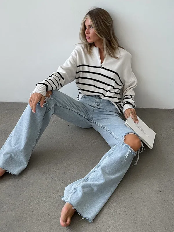 Urban Long Sleeves Loose Striped Round-Neck Sweater Tops