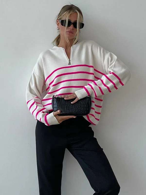 Urban Long Sleeves Loose Striped Round-Neck Sweater Tops