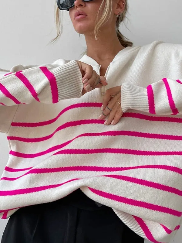 Urban Long Sleeves Loose Striped Round-Neck Sweater Tops