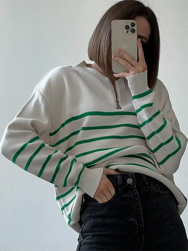 Urban Long Sleeves Loose Striped Round-Neck Sweater Tops