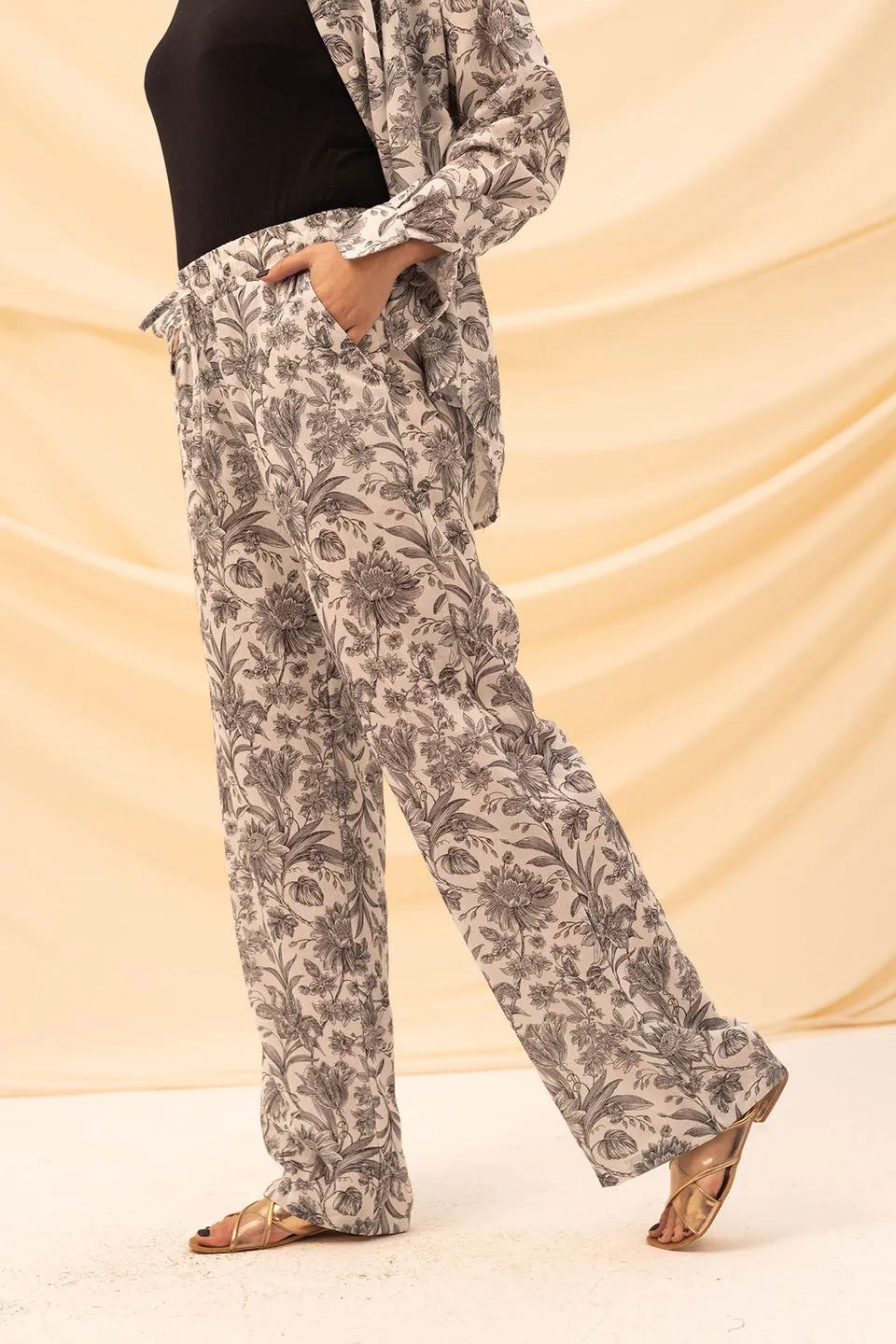 White Patterned Linen Pants
