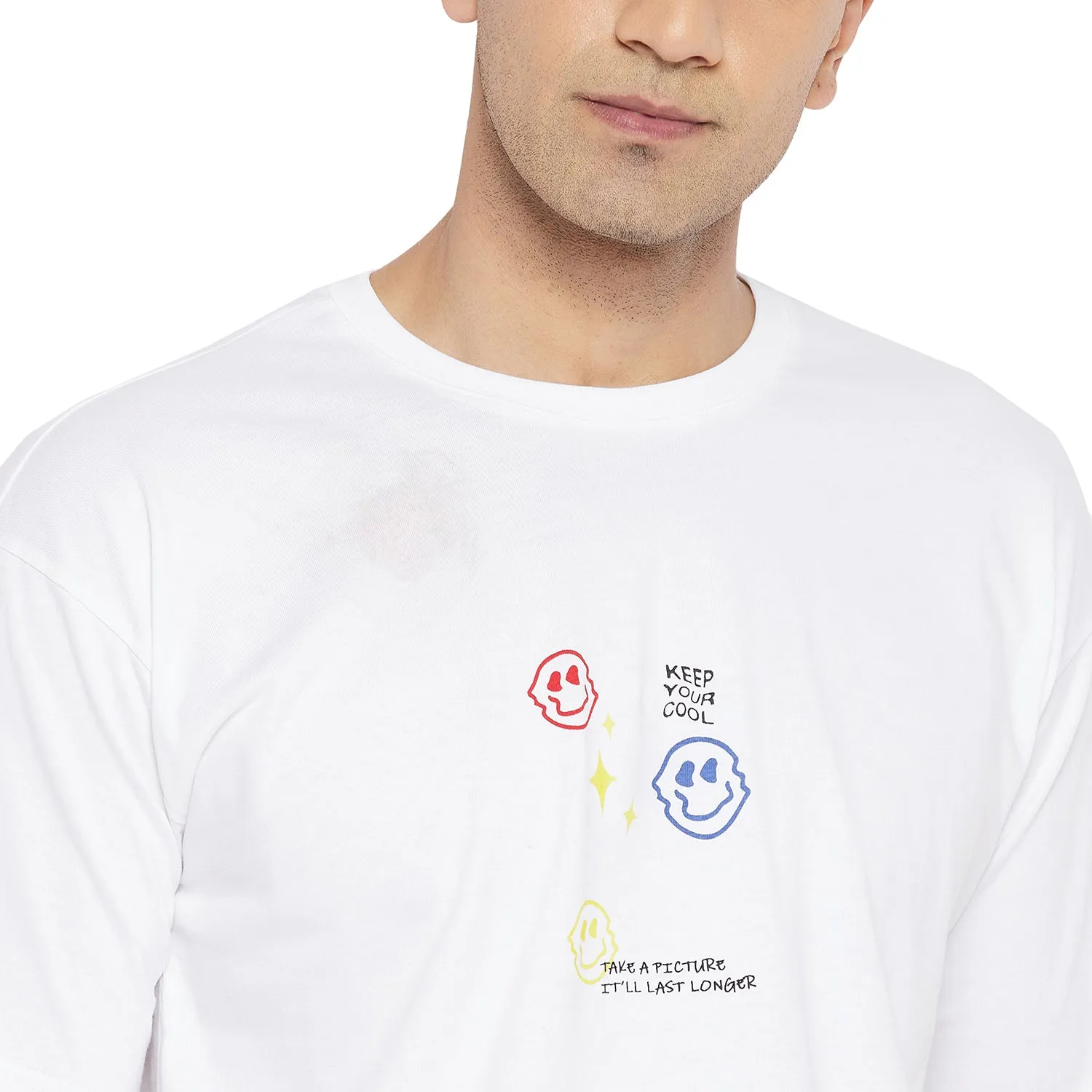 White Smiley Oversized Graphic Tshirt & Shorts Combo Set