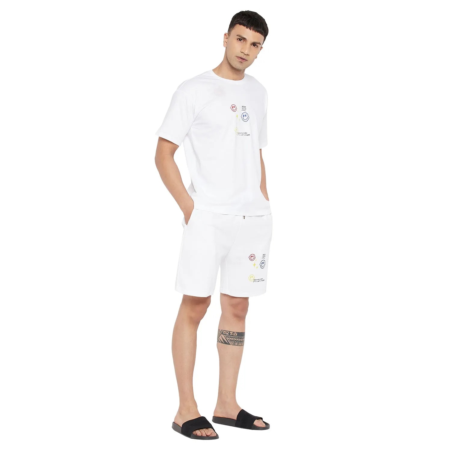 White Smiley Oversized Graphic Tshirt & Shorts Combo Set