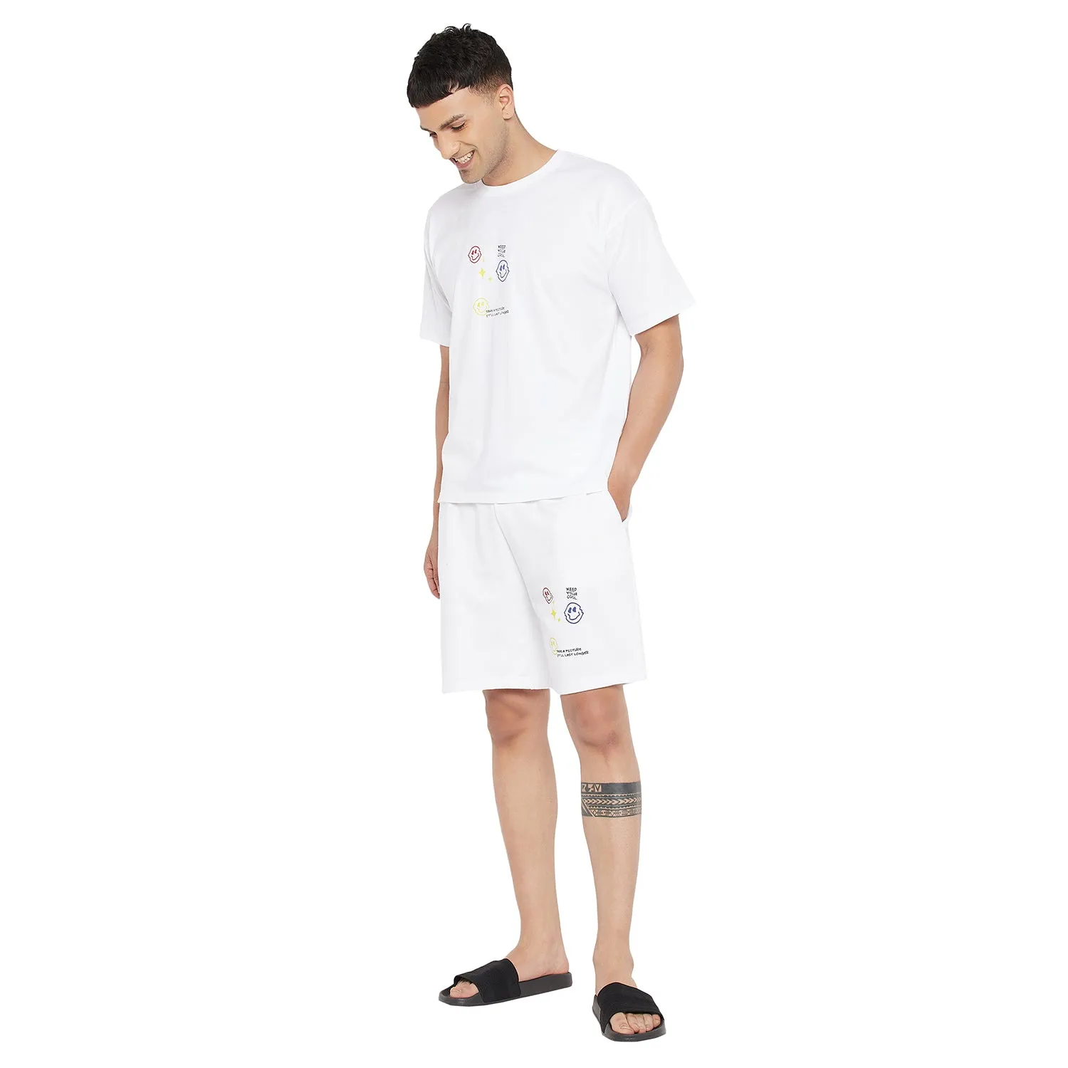White Smiley Oversized Graphic Tshirt & Shorts Combo Set