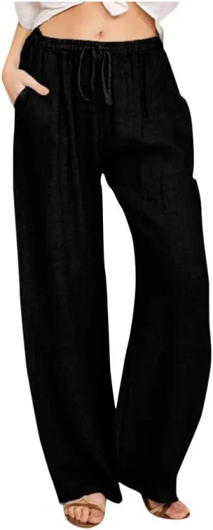 Wide Leg Pants for Women 2025 Summer Drawstring Cotton Linen Pants Lightweight Loose Fit Comfy Trousers with Pockets