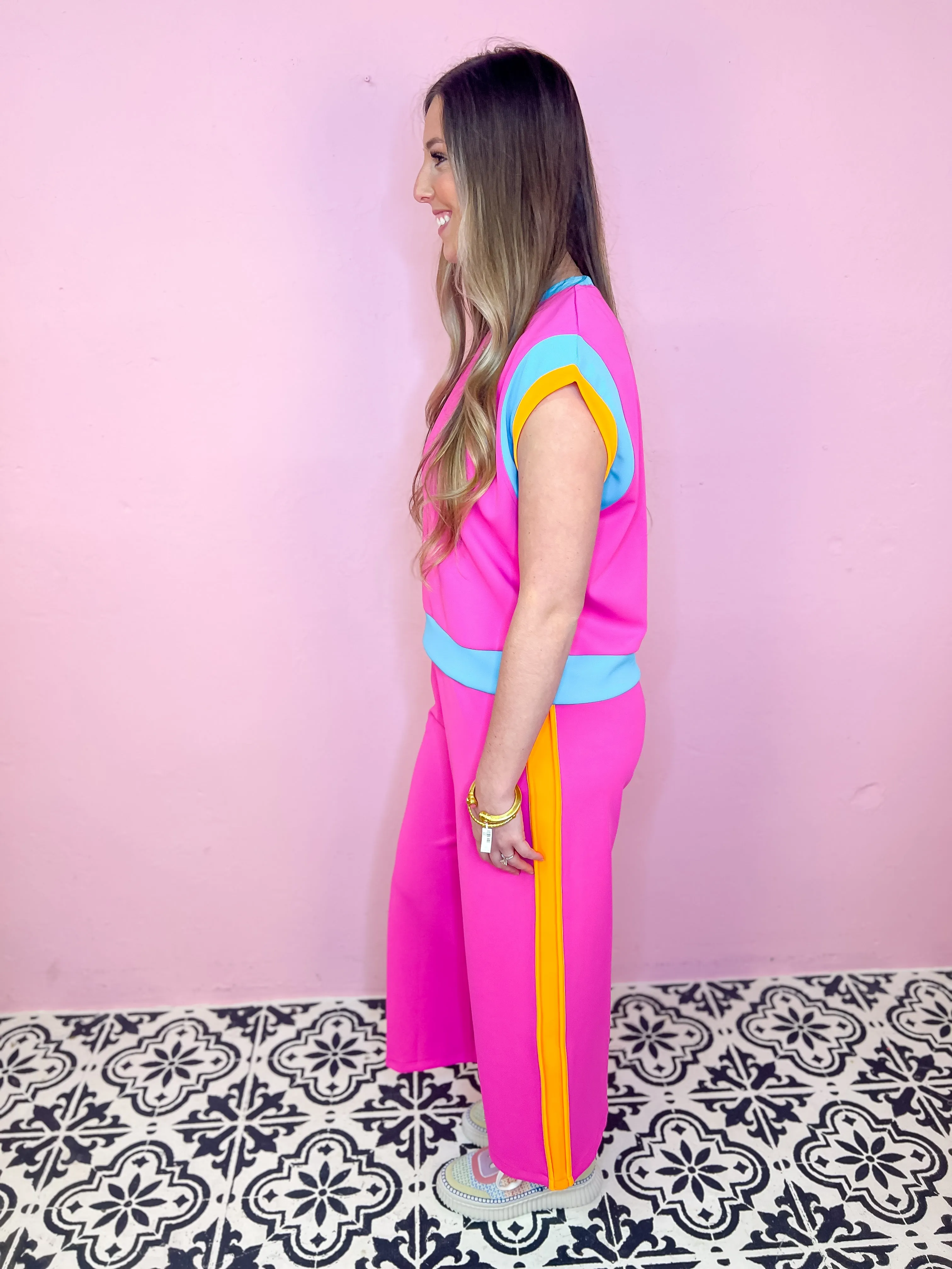 Wide Sleeve Color Block Top-Fuchsia Multi