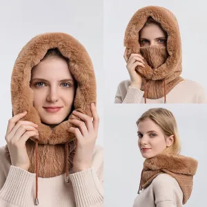 Winter Fur Cap Mask Set Hooded for Women