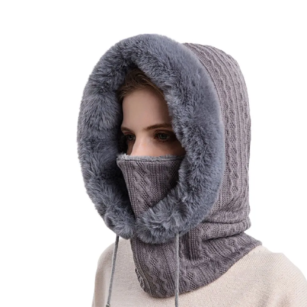Winter Fur Cap Mask Set Hooded for Women