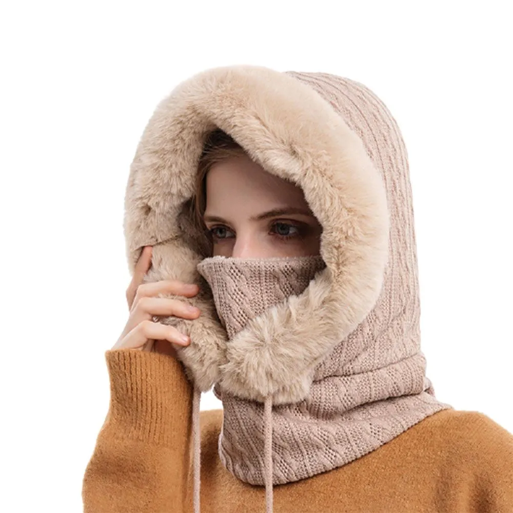 Winter Fur Cap Mask Set Hooded for Women