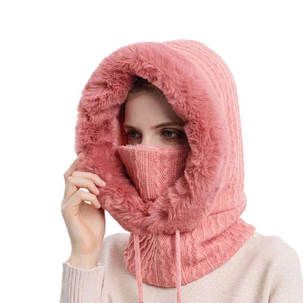 Winter Fur Cap Mask Set Hooded for Women