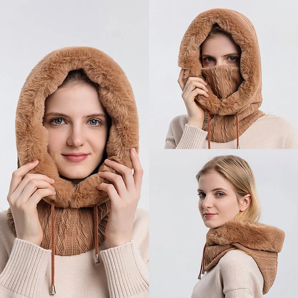 Winter Fur Cap Mask Set Hooded for Women
