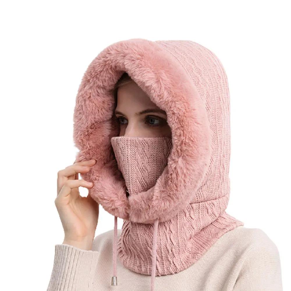 Winter Fur Cap Mask Set Hooded for Women