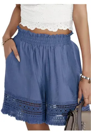 Women Blue Lace Hem Shorts