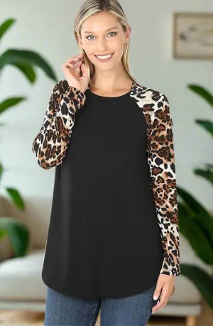 Womens Cheetah Top Long Sleeve Shirt Black/Brown Sizes S/M/L/XL