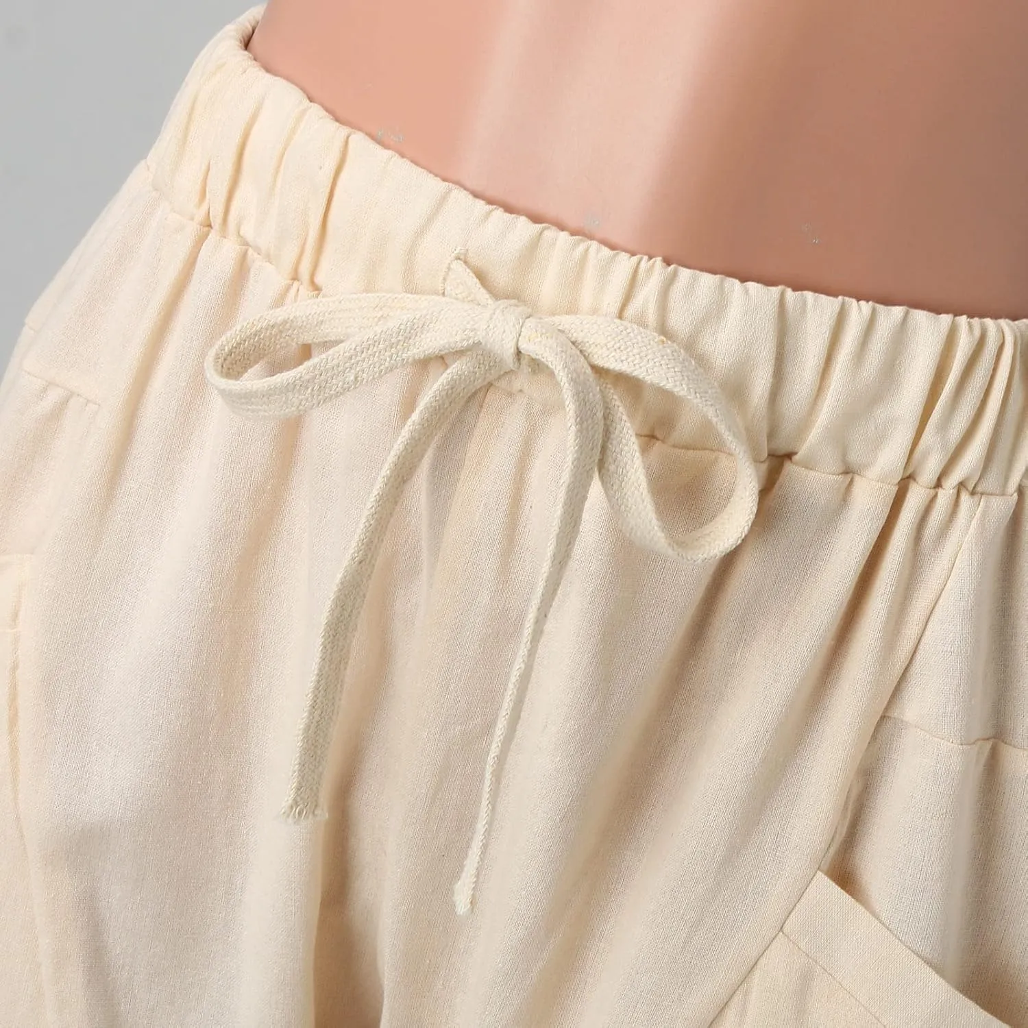 Womens Cotton Linen Capri Pants Drawstring Elastic Waist Casual Loose Cropped Trousers Summer Jogger Hiking Quick Dry Pants