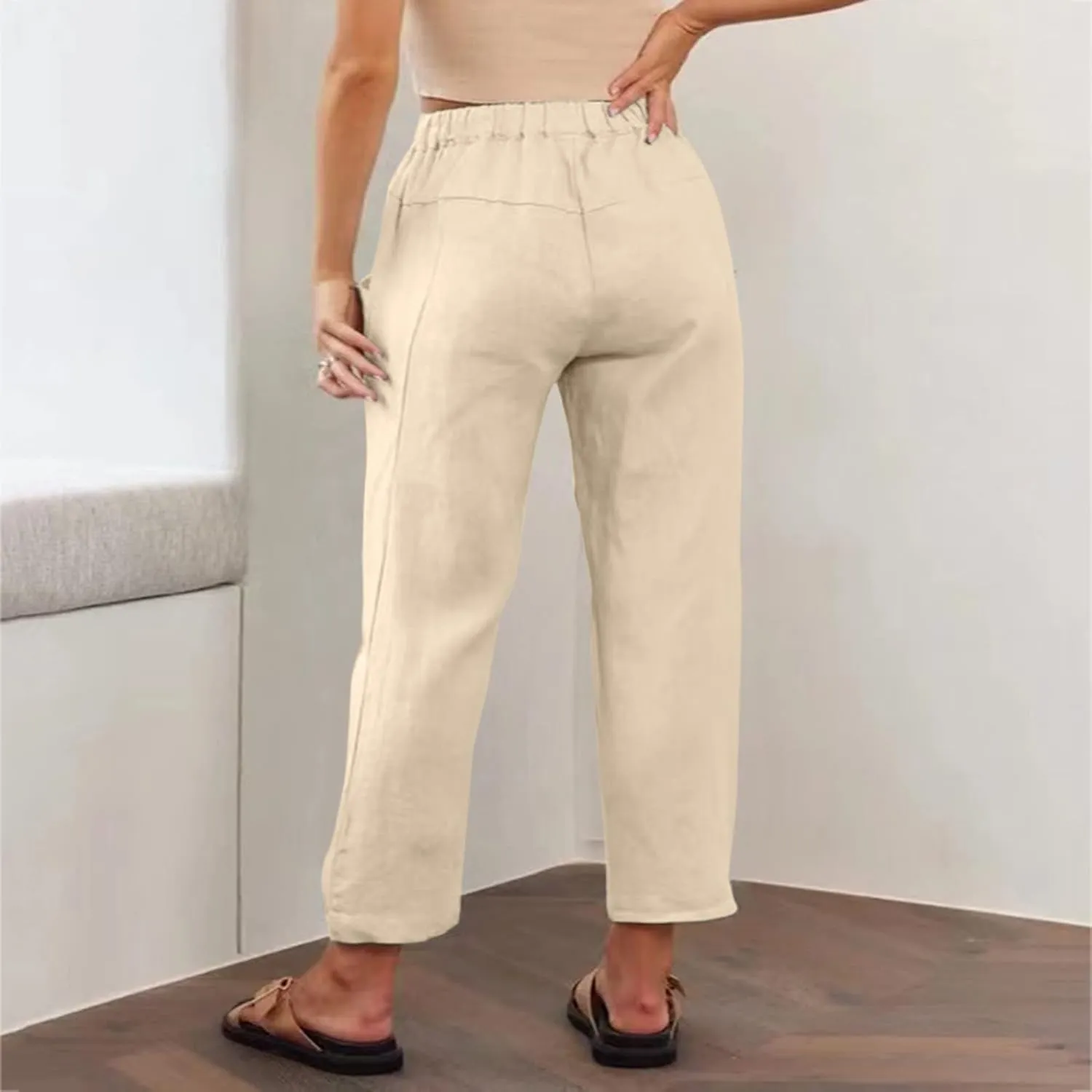 Womens Cotton Linen Capri Pants Drawstring Elastic Waist Casual Loose Cropped Trousers Summer Jogger Hiking Quick Dry Pants