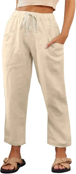 Womens Cotton Linen Capri Pants Drawstring Elastic Waist Casual Loose Cropped Trousers Summer Jogger Hiking Quick Dry Pants