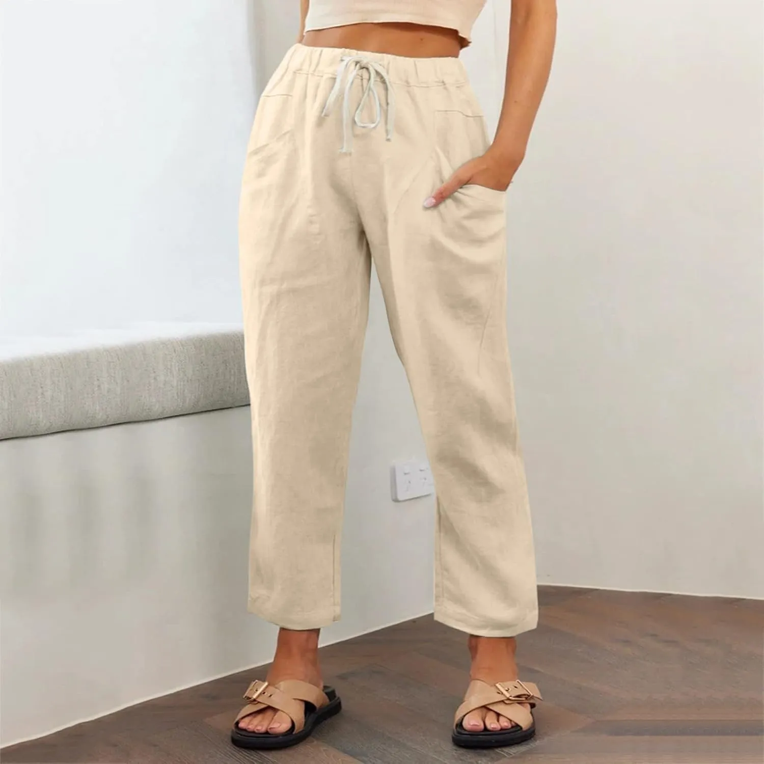 Womens Cotton Linen Capri Pants Drawstring Elastic Waist Casual Loose Cropped Trousers Summer Jogger Hiking Quick Dry Pants