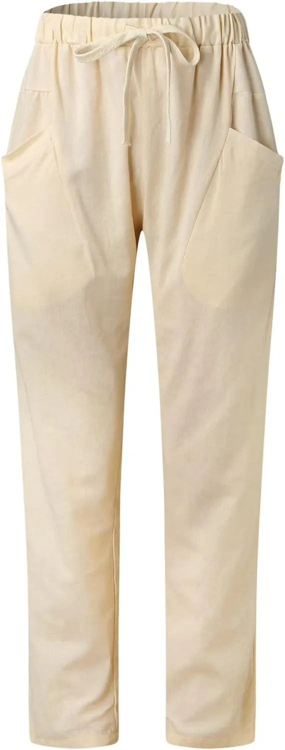 Womens Cotton Linen Capri Pants Drawstring Elastic Waist Casual Loose Cropped Trousers Summer Jogger Hiking Quick Dry Pants