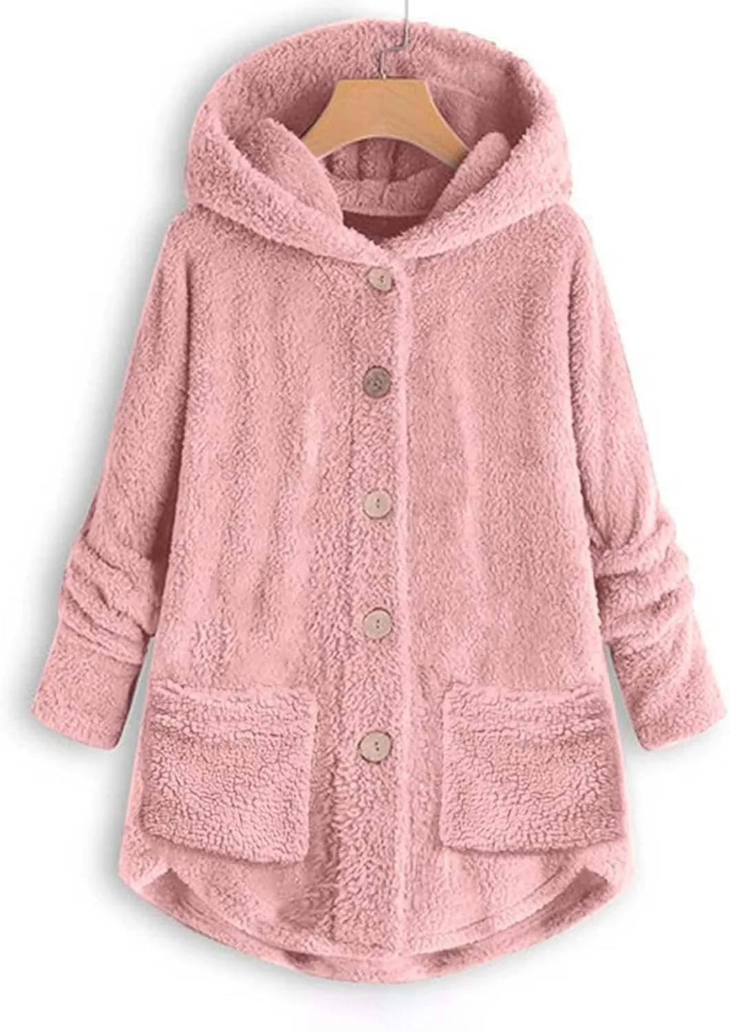 Women's Fashion Winter Coat Long Sleeve Hooded Button Faux Shearling Shaggy Oversized Shacket Jacket