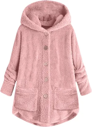 Women's Fashion Winter Coat Long Sleeve Hooded Button Faux Shearling Shaggy Oversized Shacket Jacket
