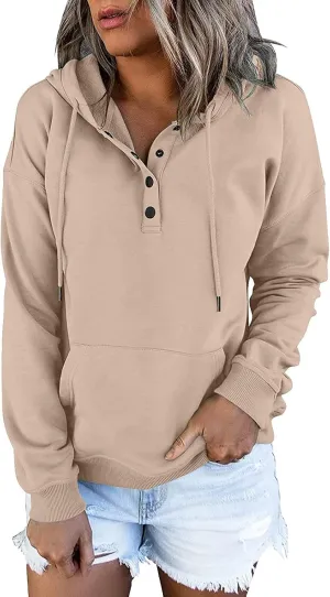 Womens Hoodies Pullover Casual Long Sleeve Button Down Drawstring Hooded Sweatshirts with Pocket Trendy Fall Shirts