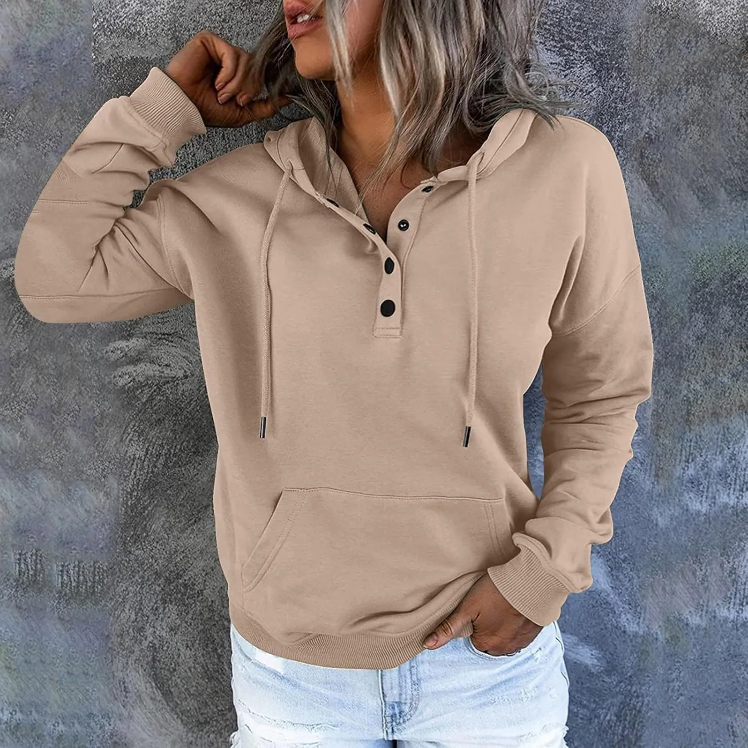 Womens Hoodies Pullover Casual Long Sleeve Button Down Drawstring Hooded Sweatshirts with Pocket Trendy Fall Shirts