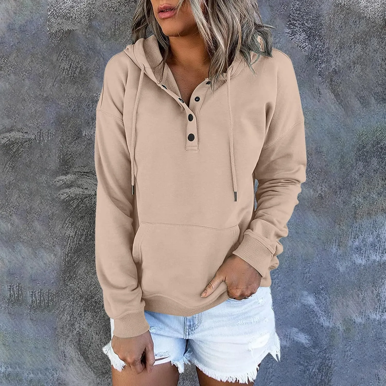 Womens Hoodies Pullover Casual Long Sleeve Button Down Drawstring Hooded Sweatshirts with Pocket Trendy Fall Shirts