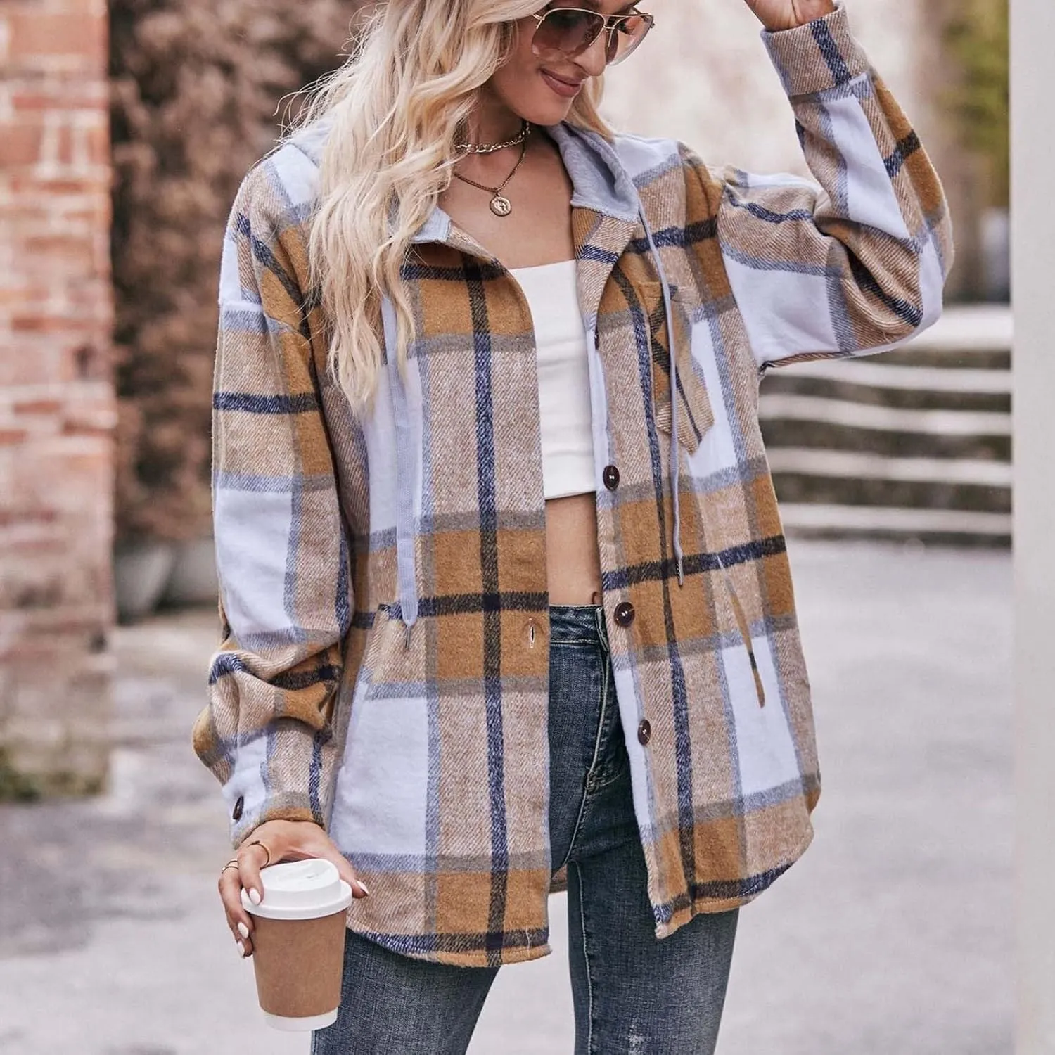 Womens Long Sleeve Plaid Shirts Button Down Flannel Hoodie Oversized Casual Fall Clothes Shacket Jacket Trendy 2023