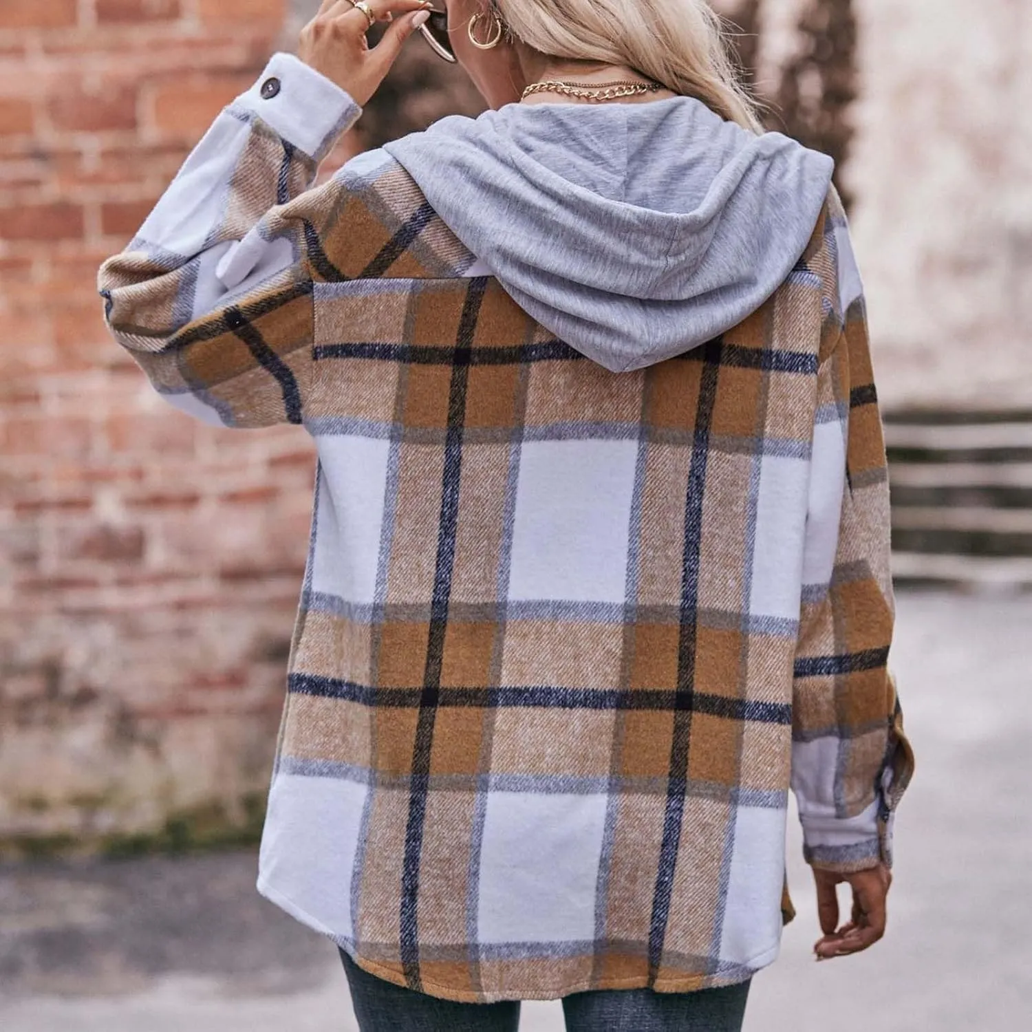 Womens Long Sleeve Plaid Shirts Button Down Flannel Hoodie Oversized Casual Fall Clothes Shacket Jacket Trendy 2023