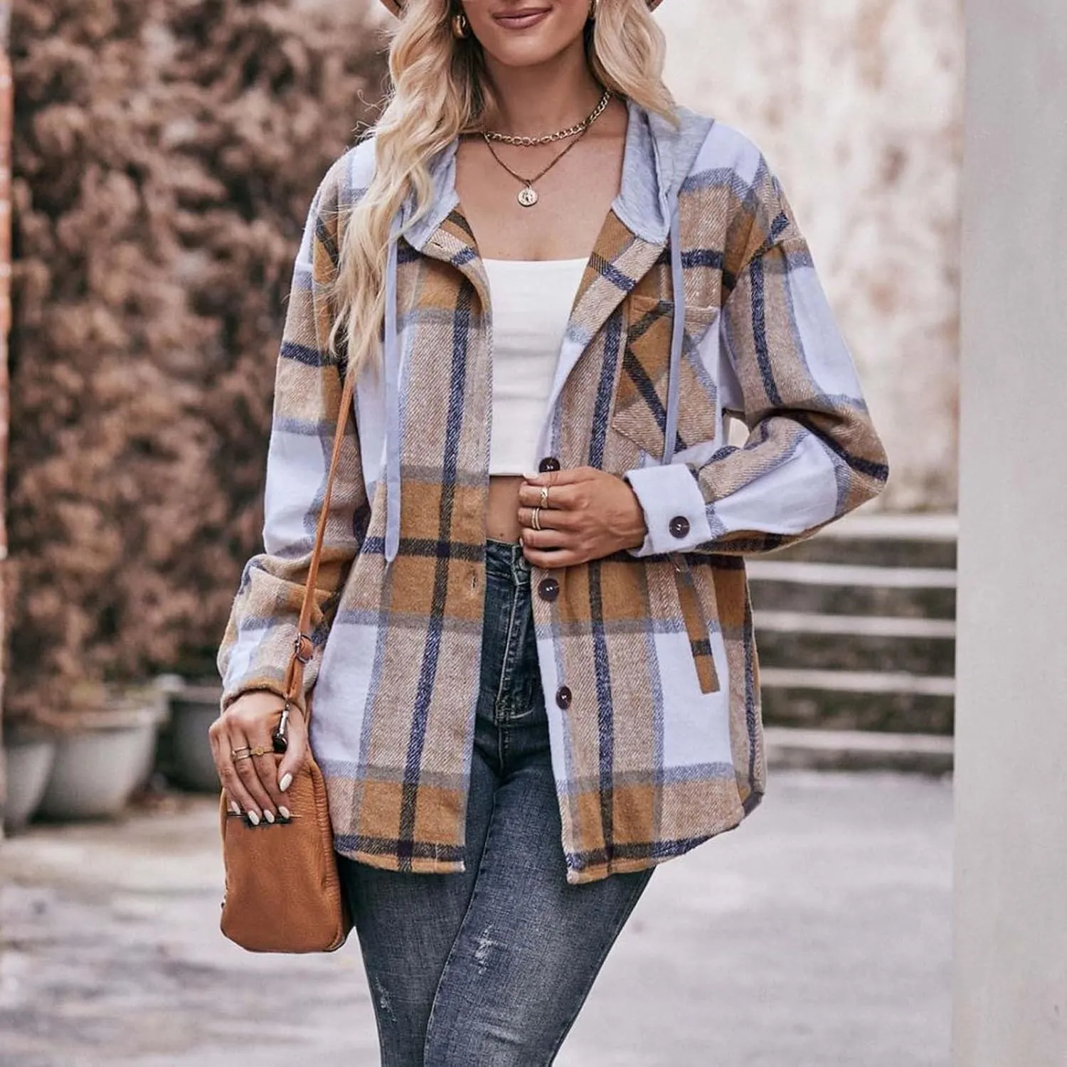 Womens Long Sleeve Plaid Shirts Button Down Flannel Hoodie Oversized Casual Fall Clothes Shacket Jacket Trendy 2023
