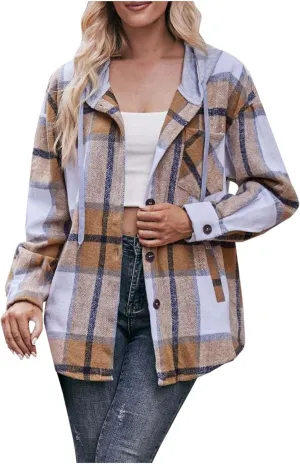 Womens Long Sleeve Plaid Shirts Button Down Flannel Hoodie Oversized Casual Fall Clothes Shacket Jacket Trendy 2023
