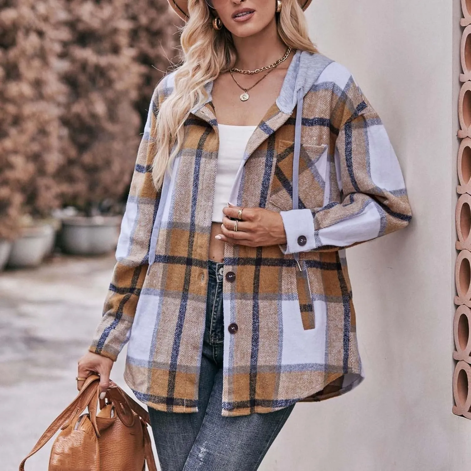 Womens Long Sleeve Plaid Shirts Button Down Flannel Hoodie Oversized Casual Fall Clothes Shacket Jacket Trendy 2023