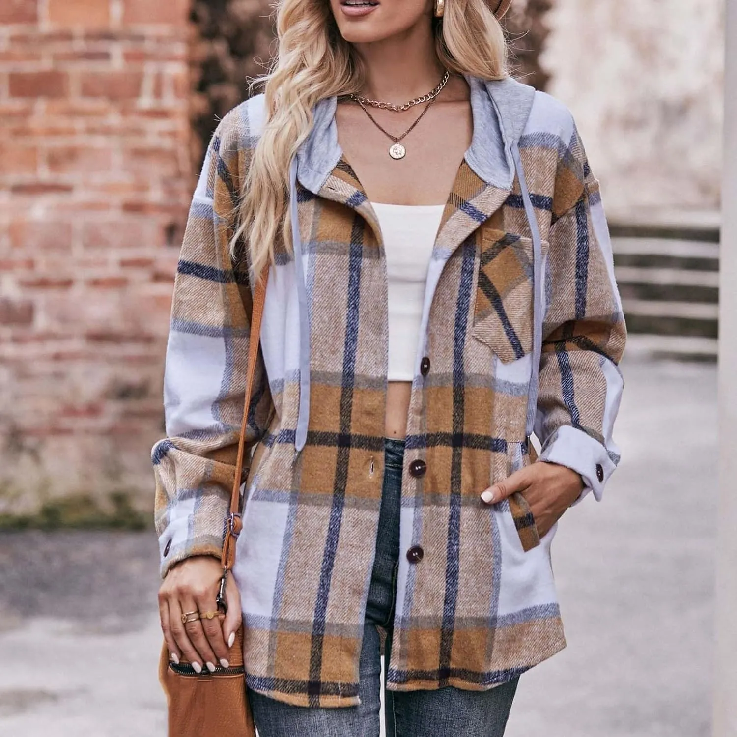 Womens Long Sleeve Plaid Shirts Button Down Flannel Hoodie Oversized Casual Fall Clothes Shacket Jacket Trendy 2023