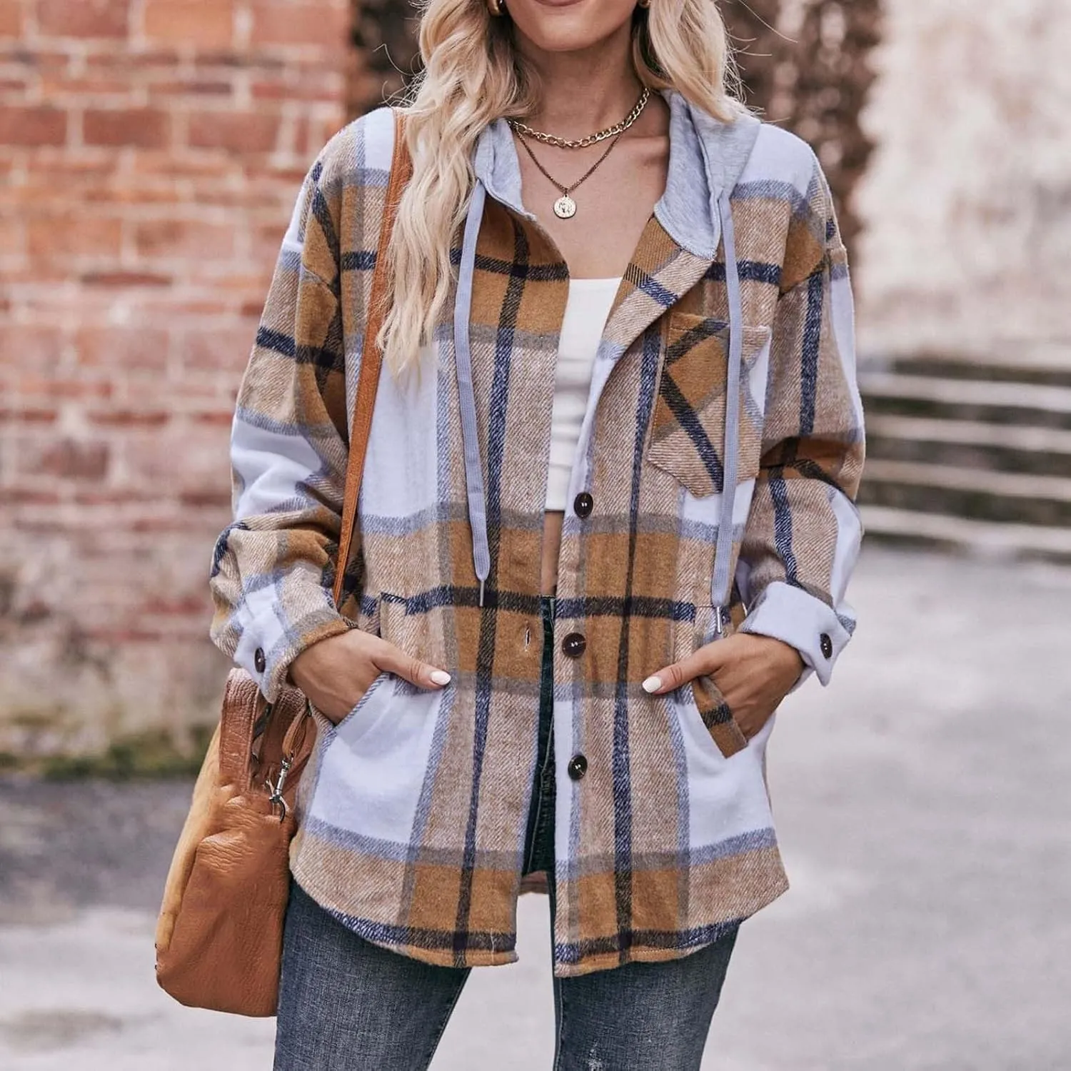 Womens Long Sleeve Plaid Shirts Button Down Flannel Hoodie Oversized Casual Fall Clothes Shacket Jacket Trendy 2023