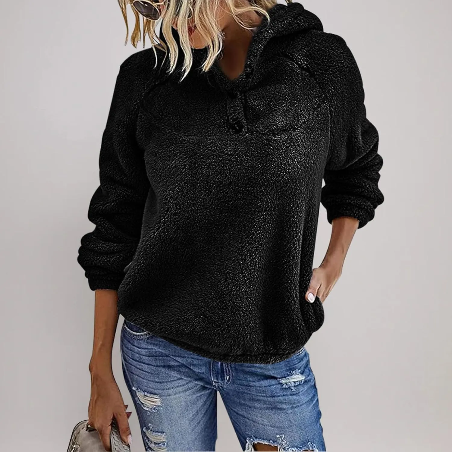 Womens Sherpa Fuzzy Pullover Hoodies Comfy Oversized Sweatshirts With Pockets Button Down Fuzzy Warm Sweaters Tops