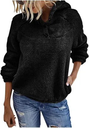 Womens Sherpa Fuzzy Pullover Hoodies Comfy Oversized Sweatshirts With Pockets Button Down Fuzzy Warm Sweaters Tops