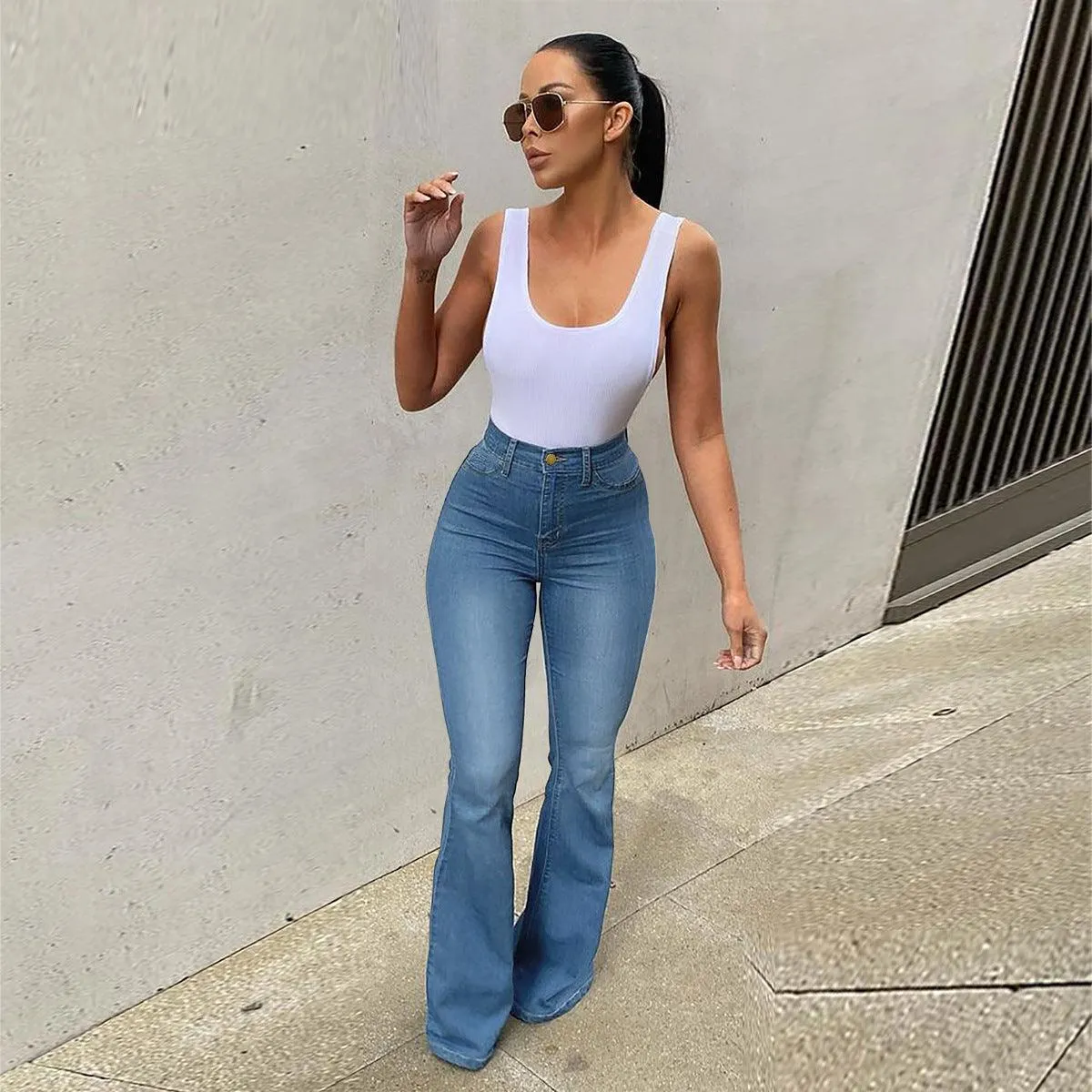 Women’s Stretch High Waist Micro-Pull Denim Horseshoe Pants
