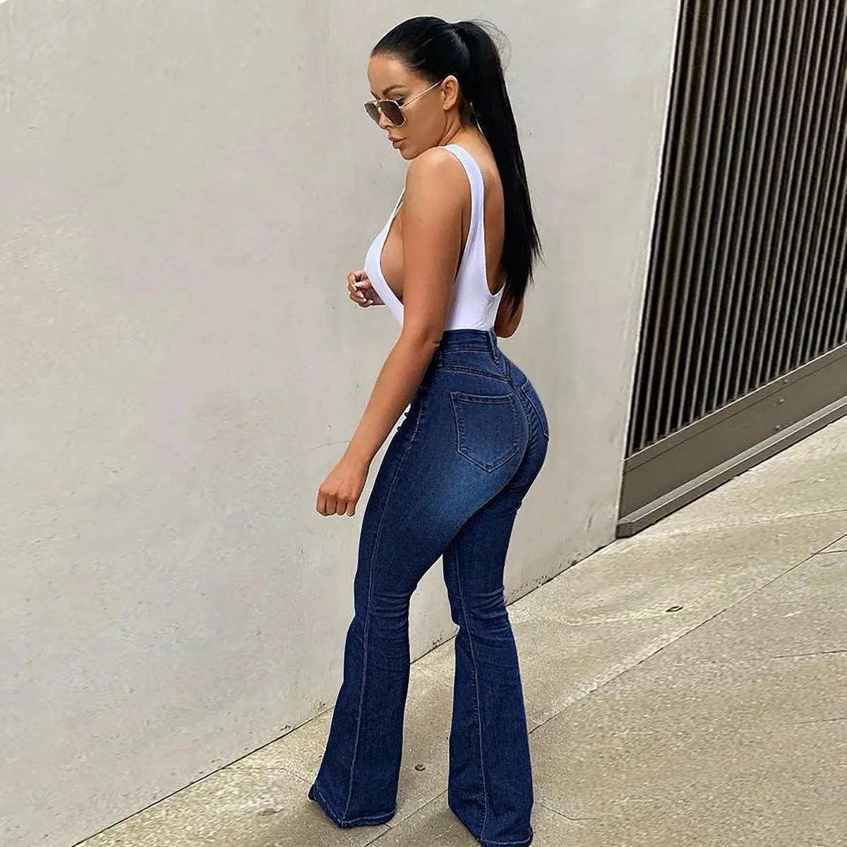Women’s Stretch High Waist Micro-Pull Denim Horseshoe Pants
