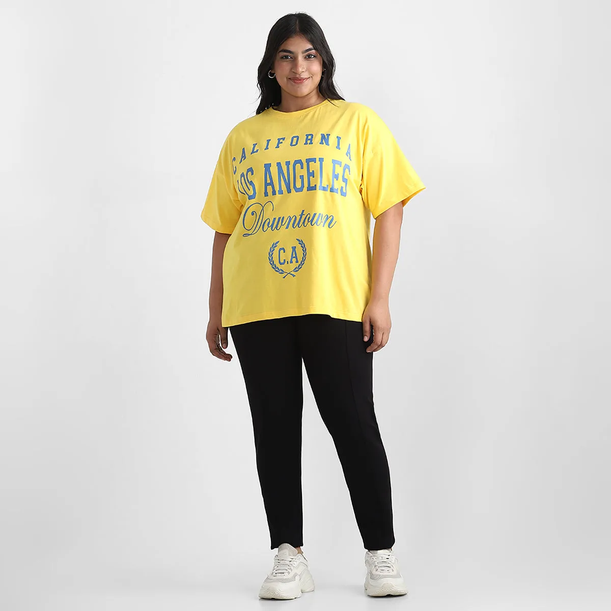 Yellow Text Plus Size Chest Print Cotton Tee