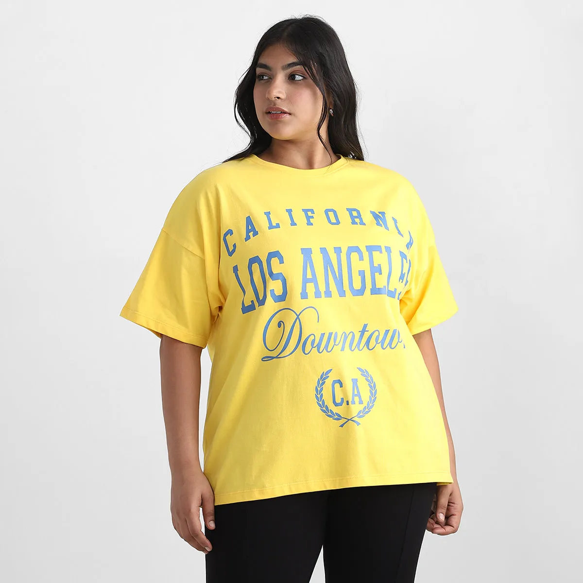 Yellow Text Plus Size Chest Print Cotton Tee