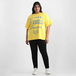Yellow Text Plus Size Chest Print Cotton Tee