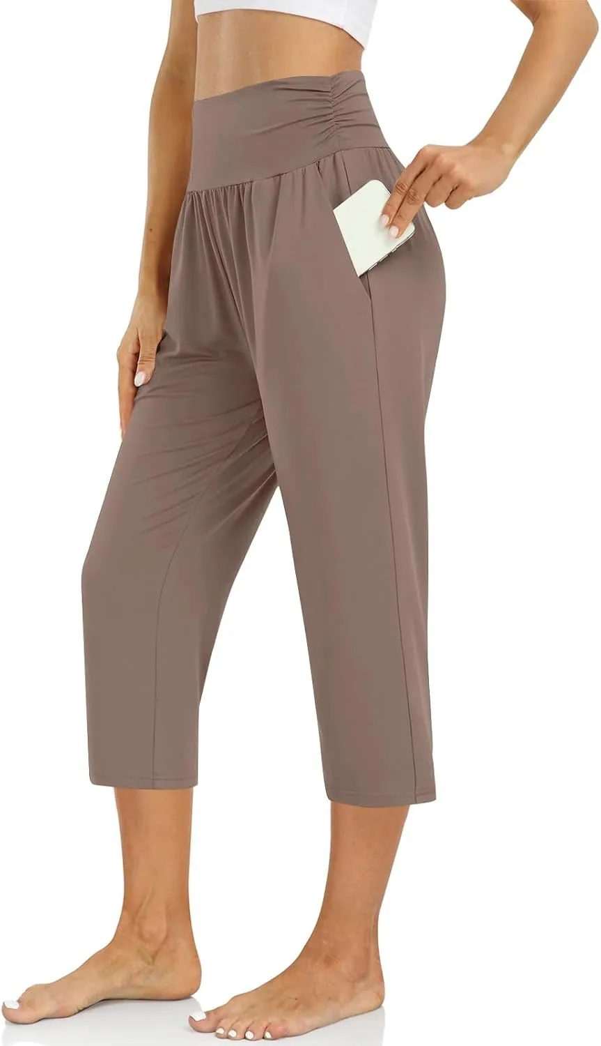 Yoga Capris with Pockets for Women Trendy Loose Fit Elastic High Waisted Capri Pants Comfy Stretch Cropped Pants