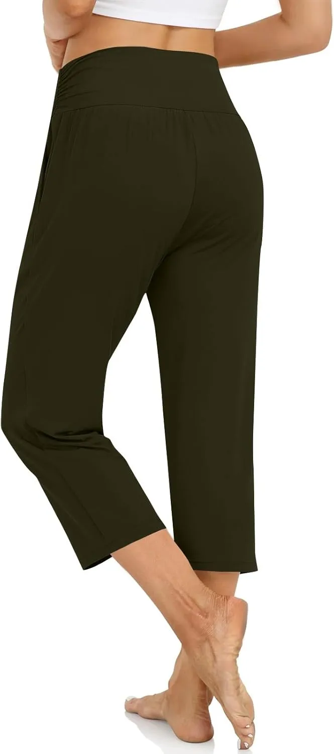 Yoga Capris with Pockets for Women Trendy Loose Fit Elastic High Waisted Capri Pants Comfy Stretch Cropped Pants