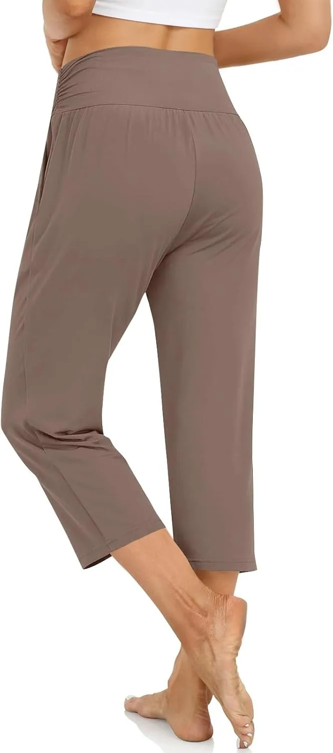 Yoga Capris with Pockets for Women Trendy Loose Fit Elastic High Waisted Capri Pants Comfy Stretch Cropped Pants