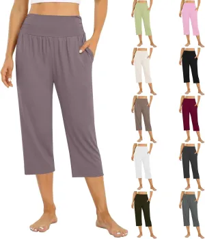 Yoga Capris with Pockets for Women Trendy Loose Fit Elastic High Waisted Capri Pants Comfy Stretch Cropped Pants