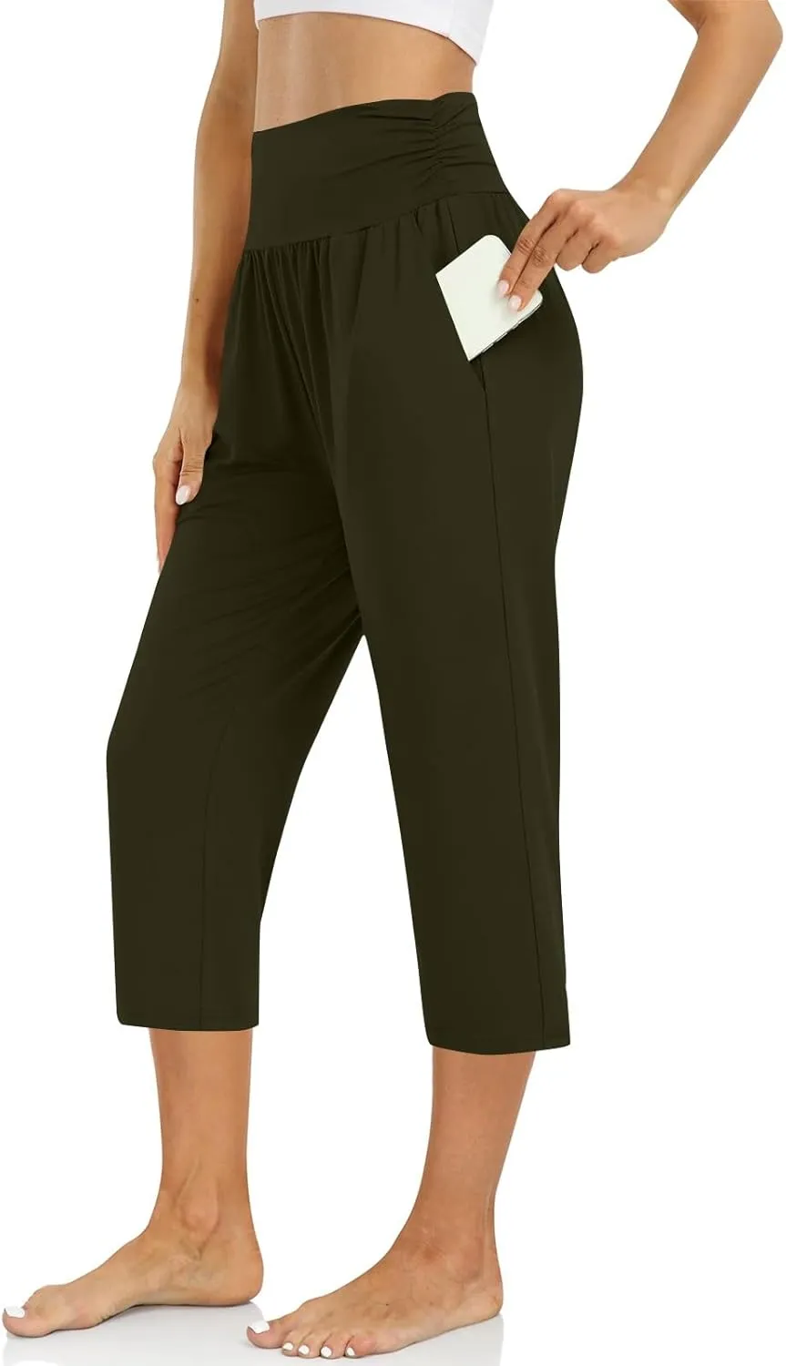 Yoga Capris with Pockets for Women Trendy Loose Fit Elastic High Waisted Capri Pants Comfy Stretch Cropped Pants
