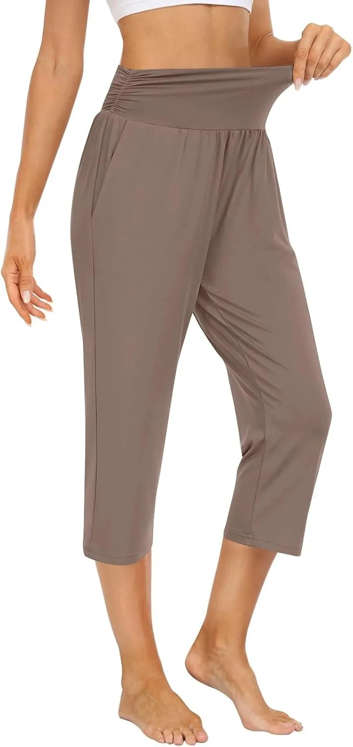 Yoga Capris with Pockets for Women Trendy Loose Fit Elastic High Waisted Capri Pants Comfy Stretch Cropped Pants