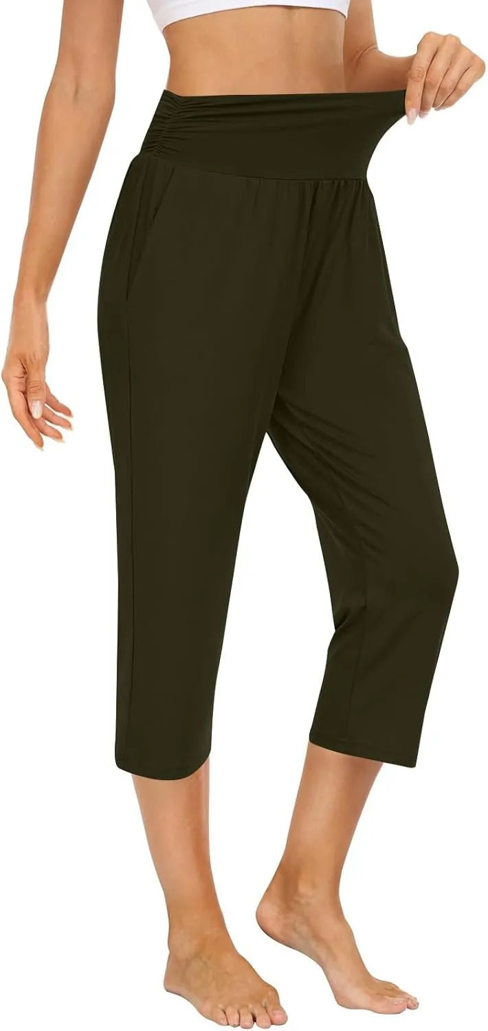 Yoga Capris with Pockets for Women Trendy Loose Fit Elastic High Waisted Capri Pants Comfy Stretch Cropped Pants